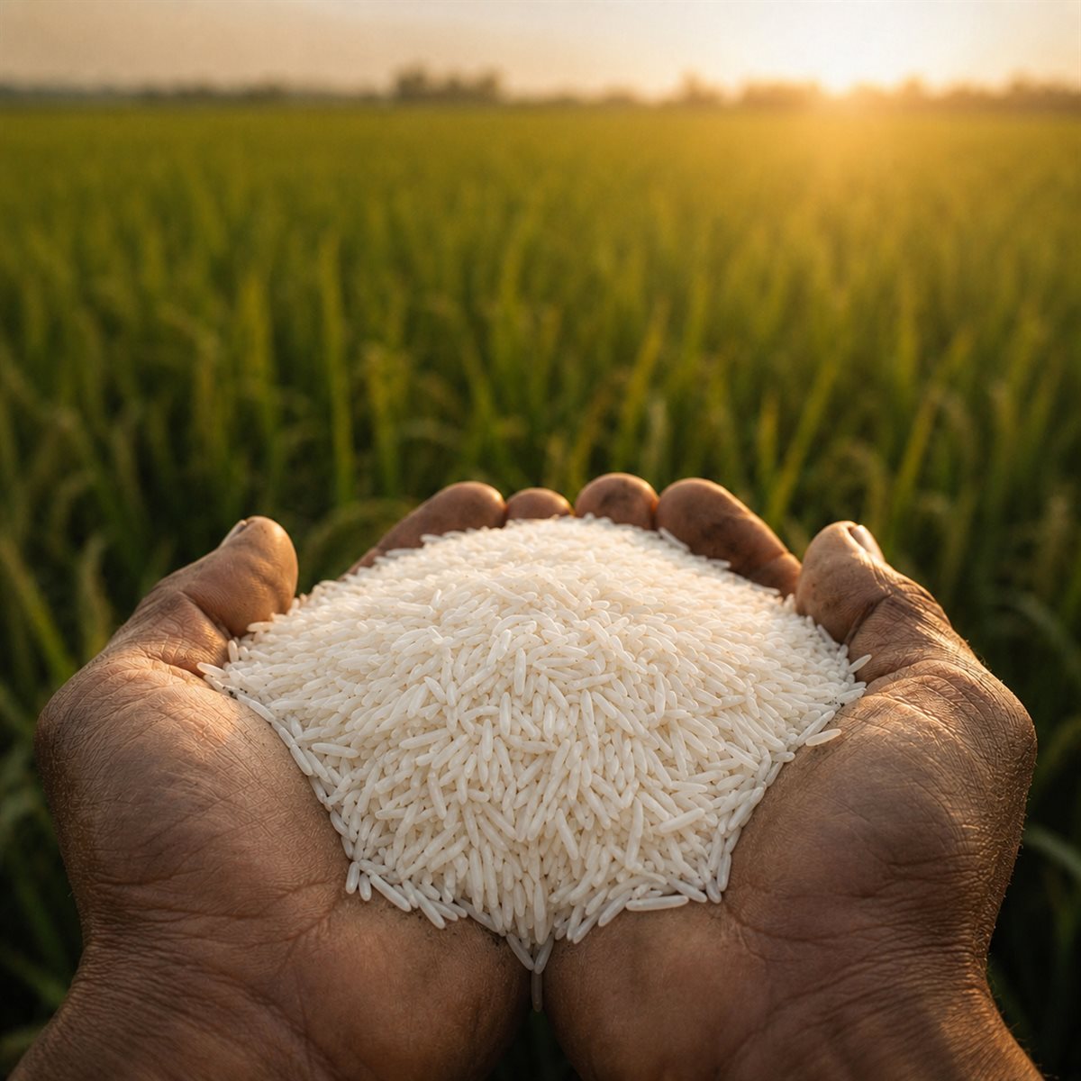 Mãos segurando grãos de arroz beneficiado diante de uma lavoura de arroz ao entardecer